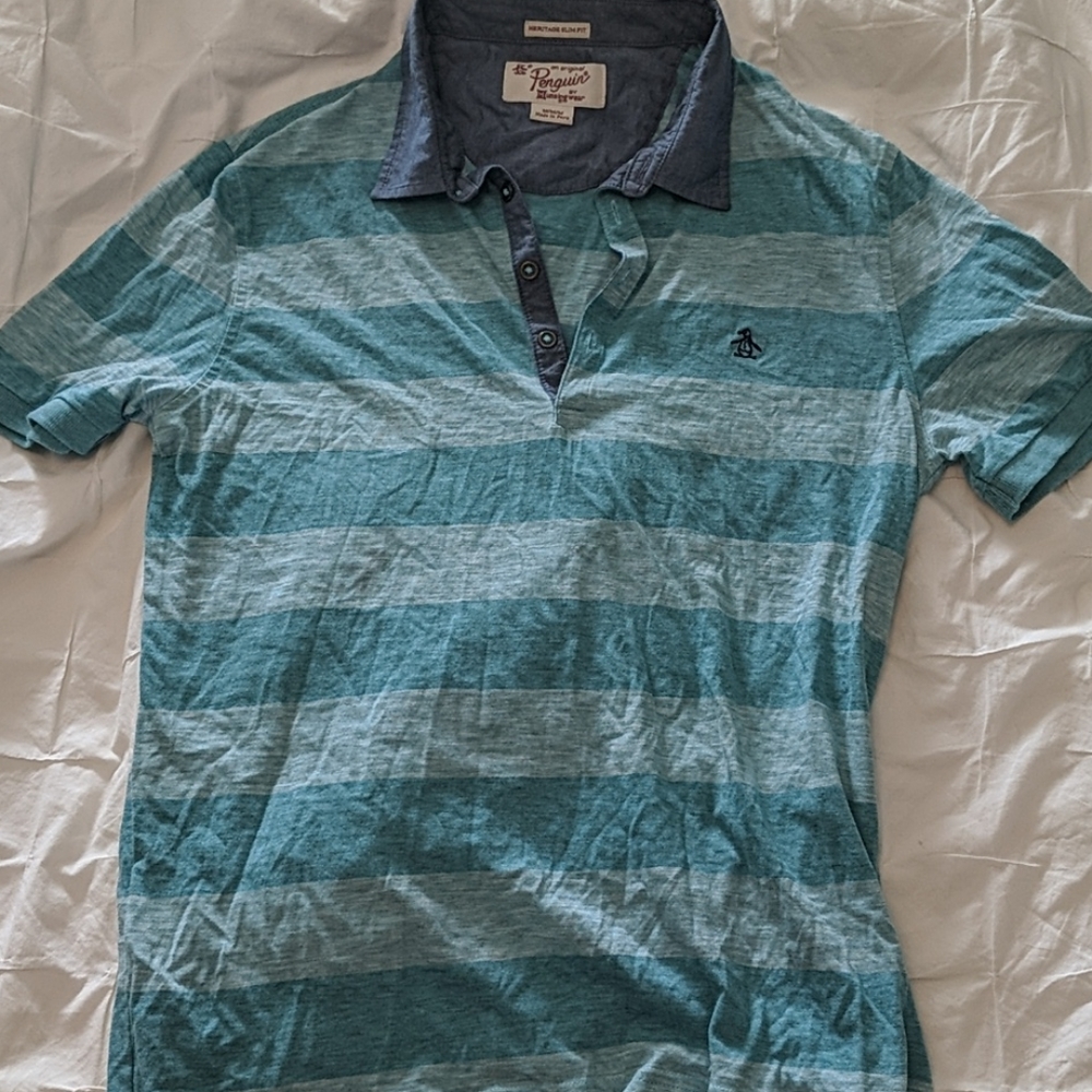 Teal striped penguin deep v